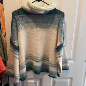 EUC Anthropologie Turtleneck Bell Sleeve Sweater Multi Stripe Large Wool Blend